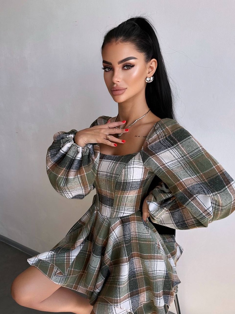 Корсетна сукня з подвійною спідницею та обʼємними рукавами у клітинку  | PUSHKA SHOP