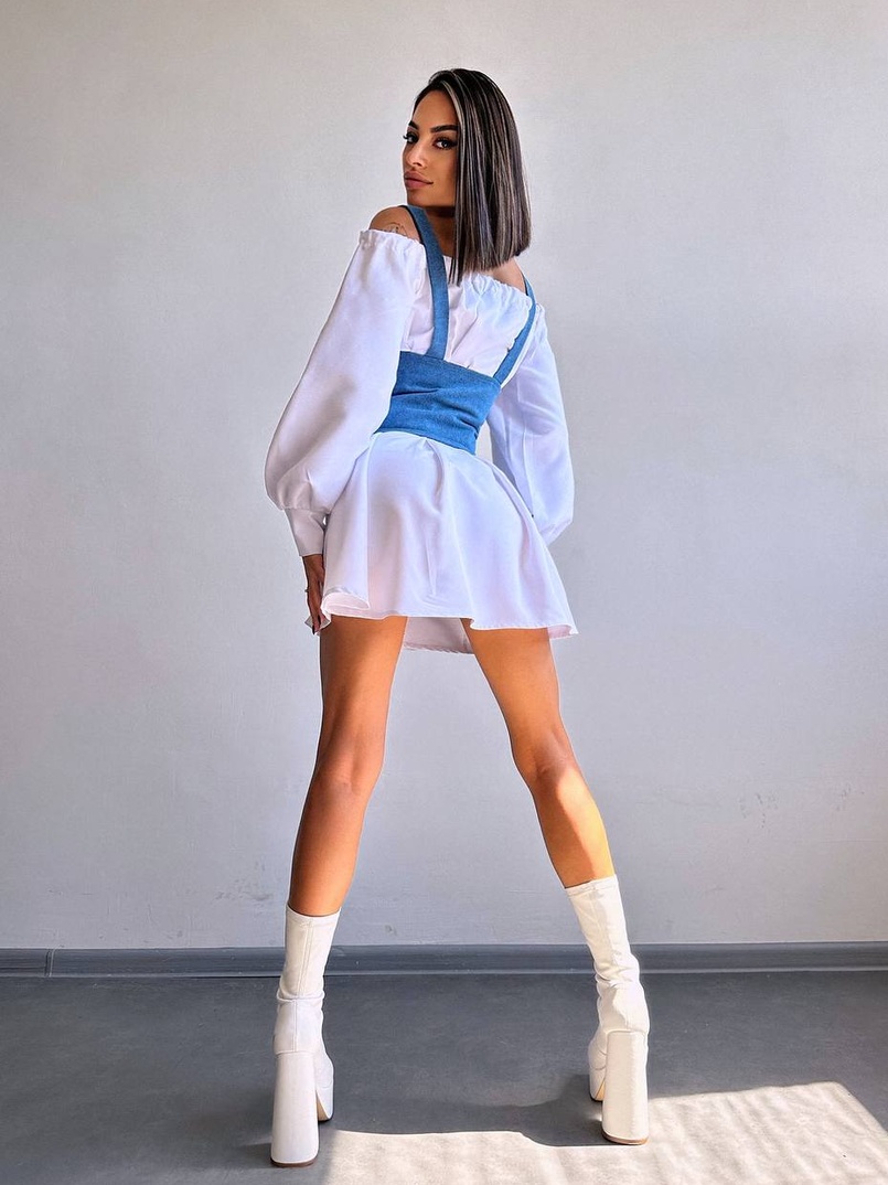 Приталена сукня-сорочка на плічках  з джинсовим корсетом на шнурівці  | PUSHKA SHOP