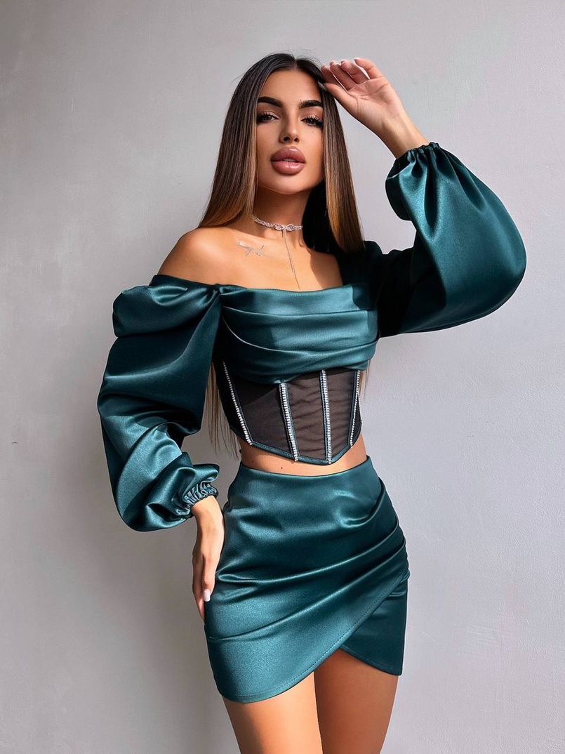 Комплект: корсет, декорований стразами   + спідниця міні з драпіруванням  | PUSHKA SHOP