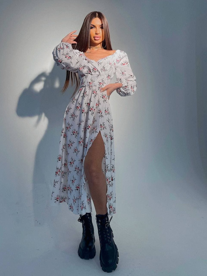 Цветочное платье-миди с разрезом и объемными рукавами | PUSHKA SHOP