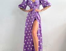 Платье миди в горох с запахом и объемными рукавами  | PUSHKA SHOP