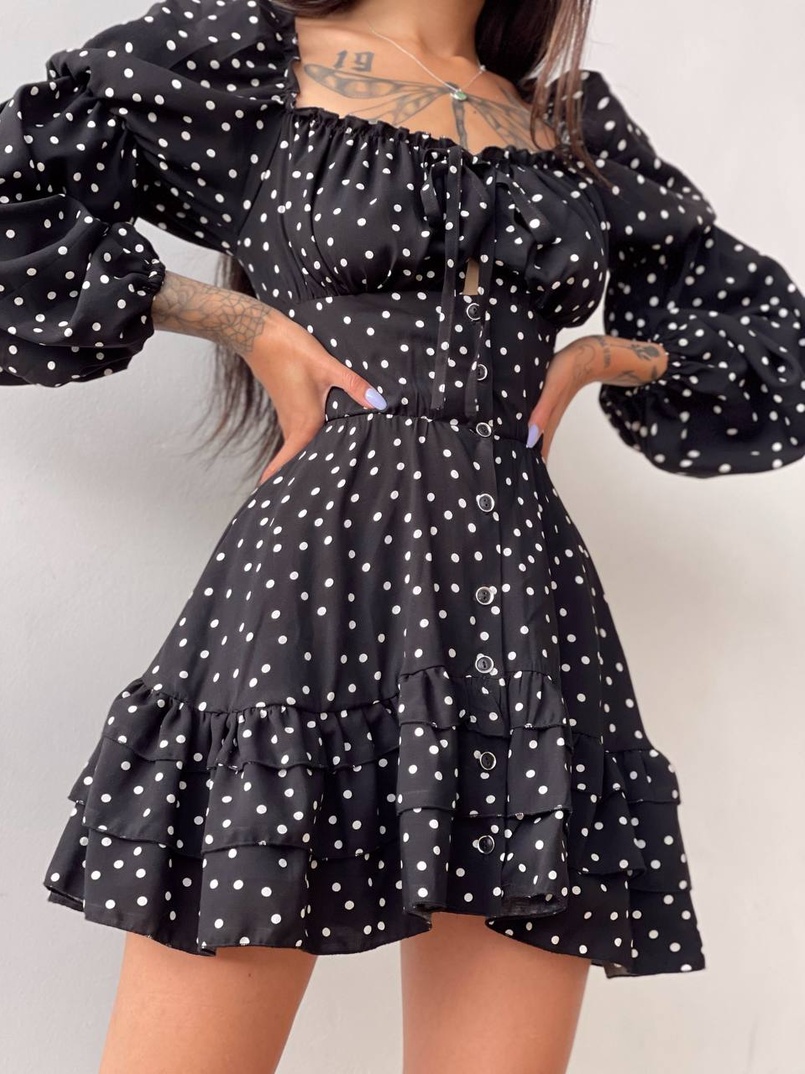 Сукня в горошок на ґудзиках з воланами  | PUSHKA SHOP