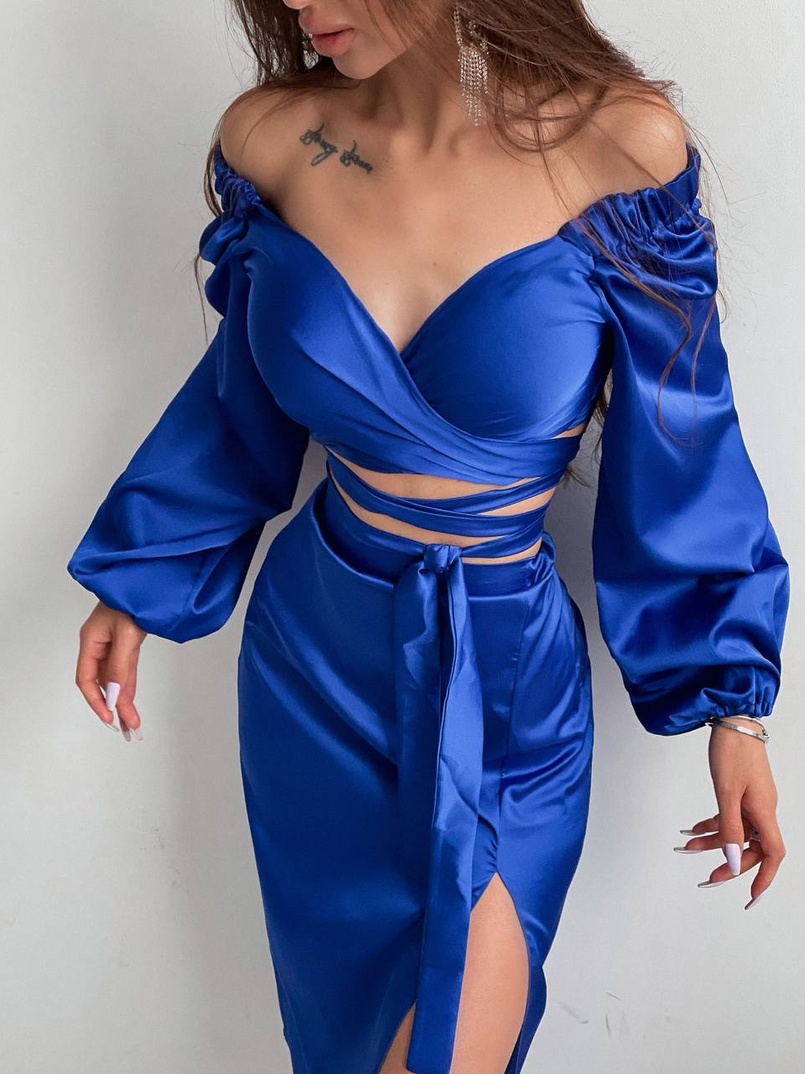 Шелковый комплект: топ с завязками на талии + юбка миди с разрезом  | PUSHKA SHOP