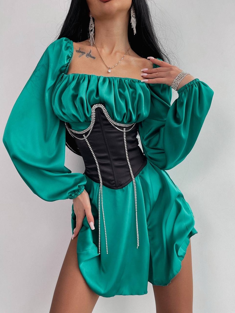 Приталена сукня з шовку  + корсет декорований стразами  Ручна робота  | PUSHKA SHOP