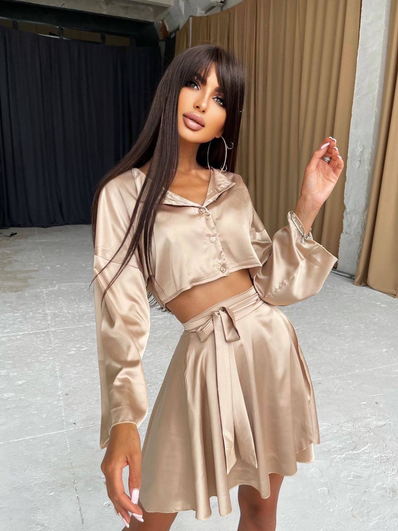 Шелковый комплект: укорочённая рубашка + юбка с запахом   Шелковый комплект: укорочённая рубашка + юбка с запахом   | PUSHKA SHOP