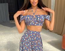 Цветочный топ с завязками на груди и юбка-макси с разрезом  | PUSHKA SHOP