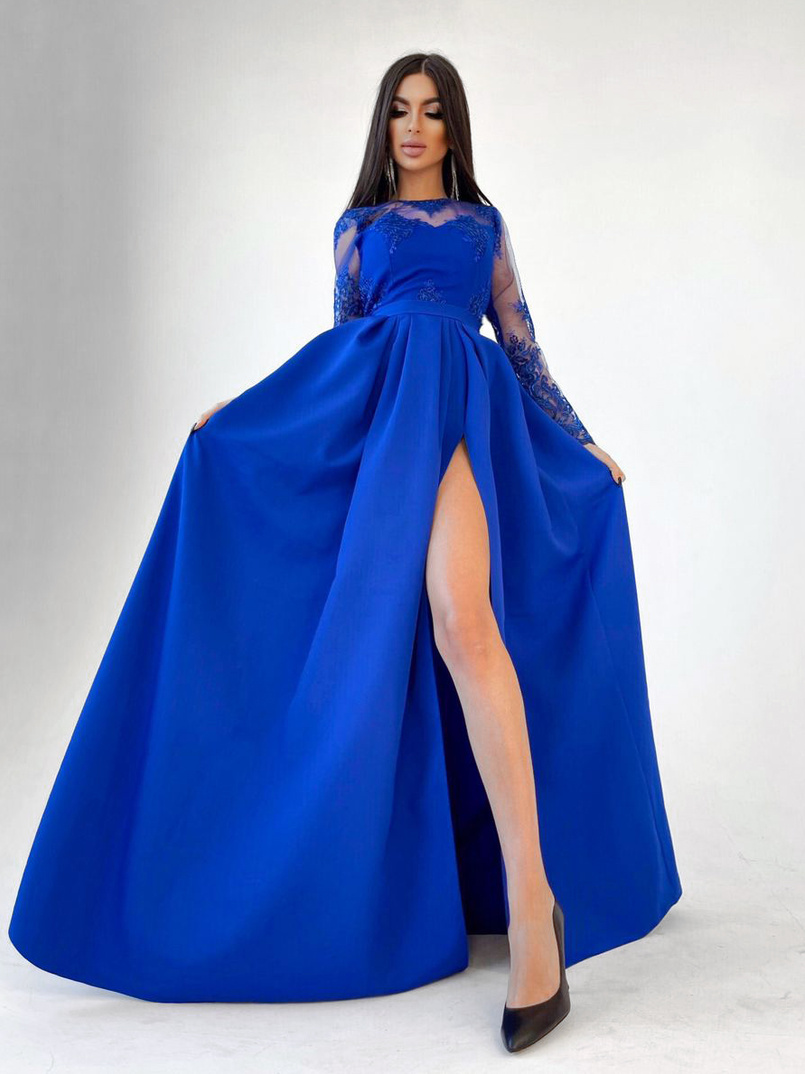 Платье макси с кружевным верхом и разрезом на юбке  | PUSHKA SHOP