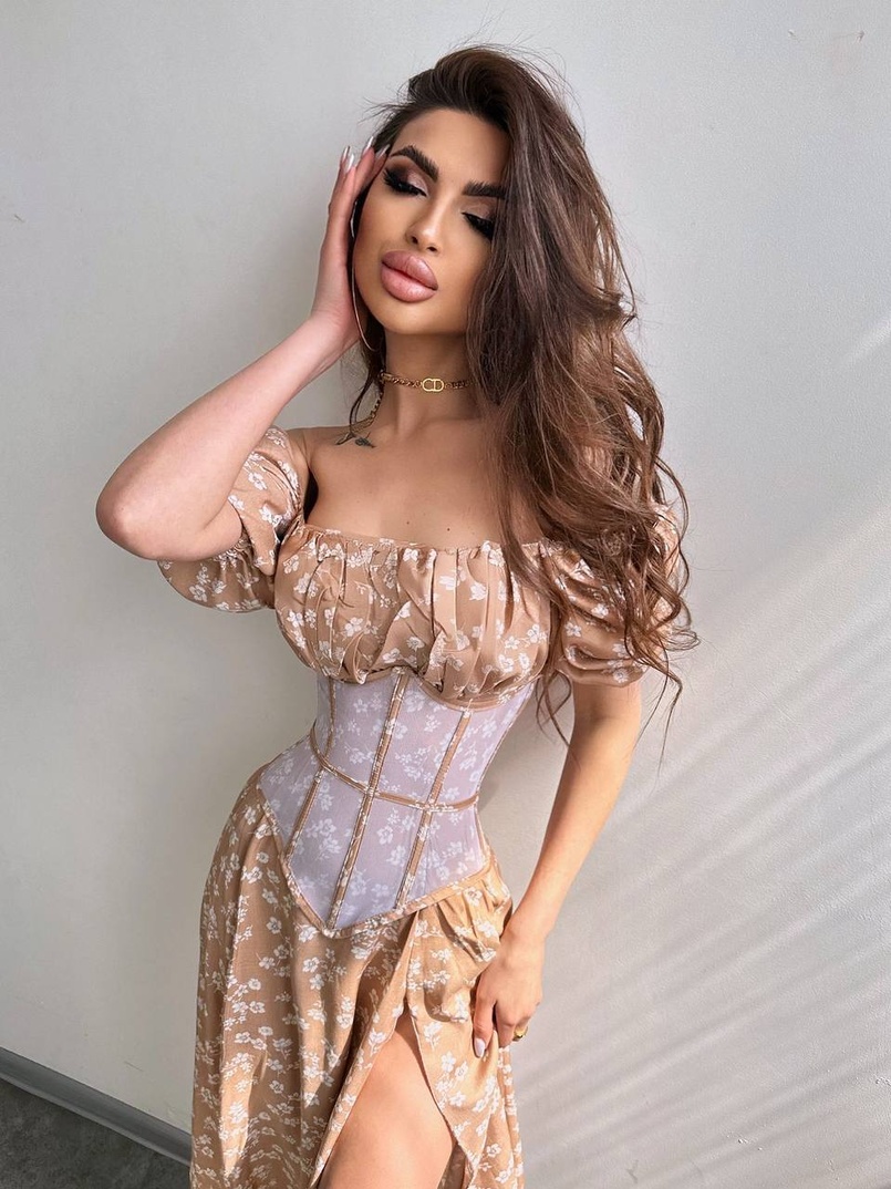 Сукня міді з розрізом в квітковий принт + прозорий корсет  | PUSHKA SHOP