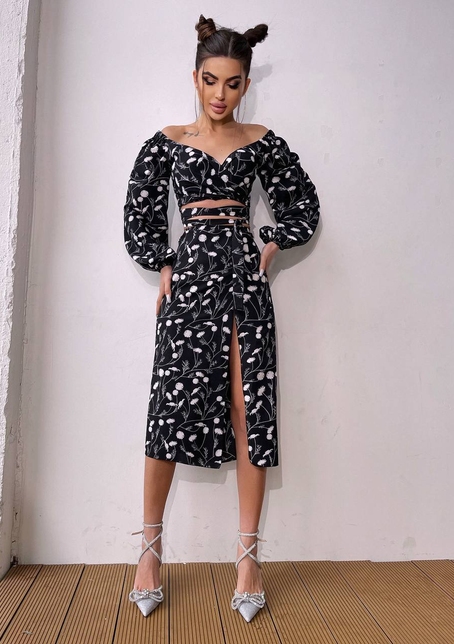 Комплект: топ із зав'язками на талії + спідниця міді з розрізом | PUSHKA SHOP