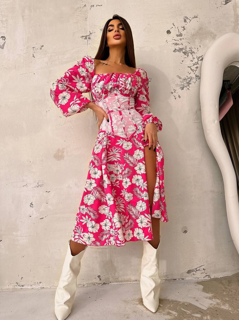 Сукня міді з розрізом в квітковий принт + прозорий корсет Сукня міді з розрізом в квітковий принт + прозорий корсет | PUSHKA SHOP