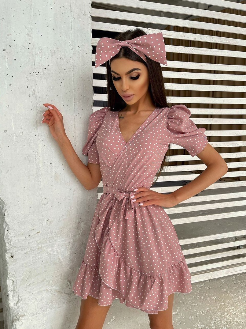 Милое платье в горошек с оборками + повязка на голову с бантом Милое платье в горошек с оборками + повязка на голову с бантом | PUSHKA SHOP