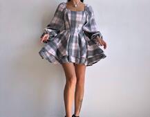 Корсетна сукня з подвійною спідницею та обʼємними рукавами у клітинку Корсетна сукня з подвійною спідницею та обʼємними рукавами у клітинку | PUSHKA SHOP