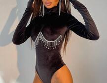 Оксамитовий боді-гольф, декорований бахромою зі страз | PUSHKA SHOP