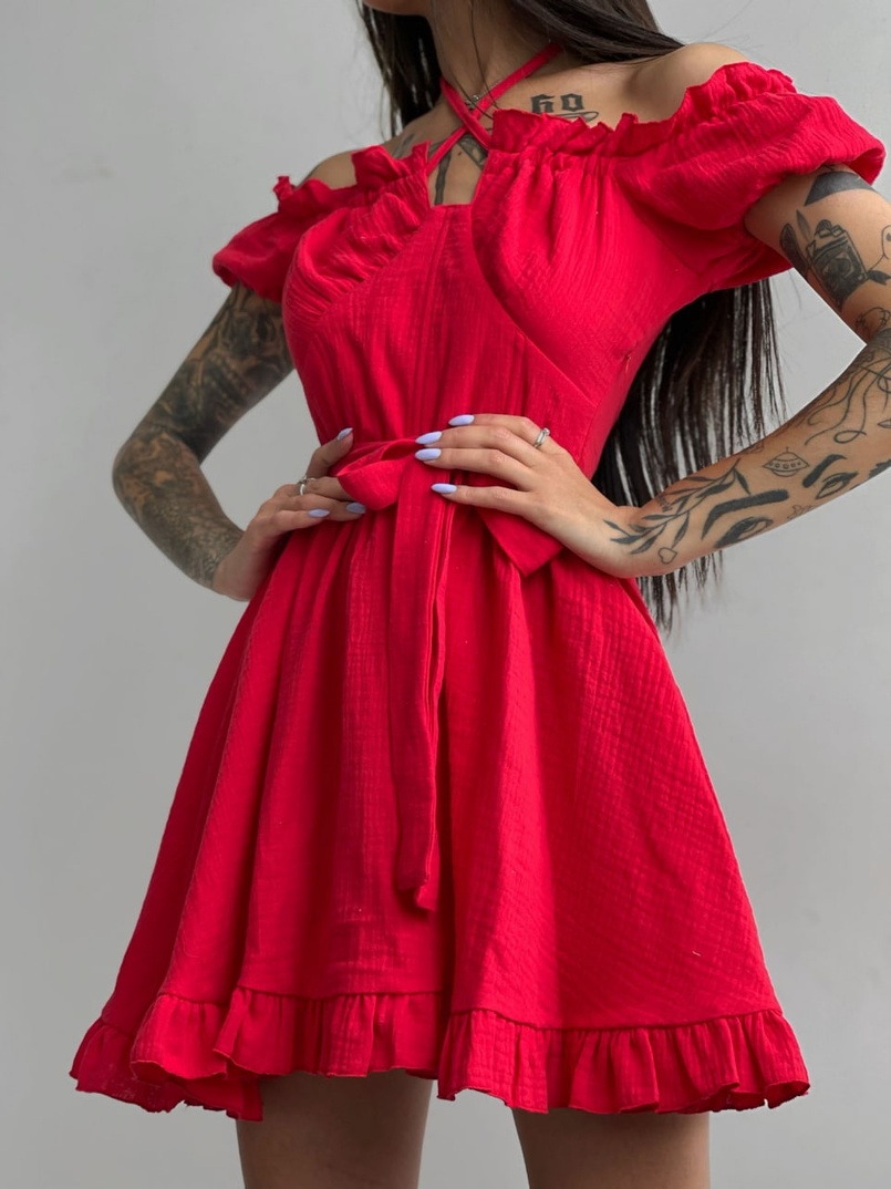 Муслиновое платье мини с корсетной вставкой на талии с косточками  Муслиновое платье мини с корсетной вставкой на талии с косточками  | PUSHKA SHOP