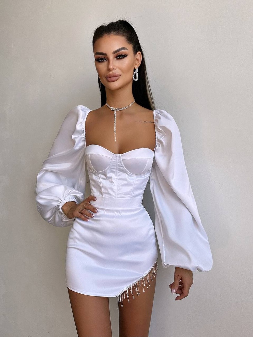 Атласний  комплект: корсет + спідниця декорована бахромою зі страз | PUSHKA SHOP