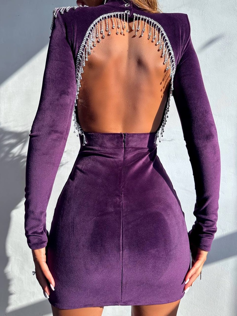 Оксамитова сукня з відкритою спинкою, декорована бахромою зі страз Оксамитова сукня з відкритою спинкою, декорована бахромою зі страз | PUSHKA SHOP