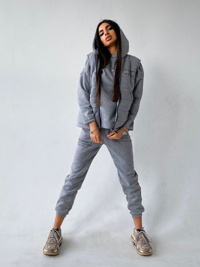 Меланжевый комплект тройка: Свитшот, джоггеры и желетка | PUSHKA SHOP