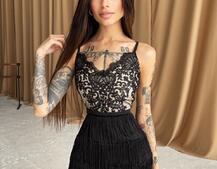 Платье с кружевным верхом и бахромой  | PUSHKA SHOP