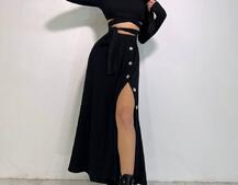 Трикотажный комплект: юбка  миди с разрезом + топ с завязками на талии  | PUSHKA SHOP