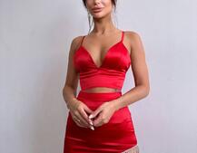 Комплект: топ з філіжанками + спідниця декорована бахромою зі страз  | PUSHKA SHOP