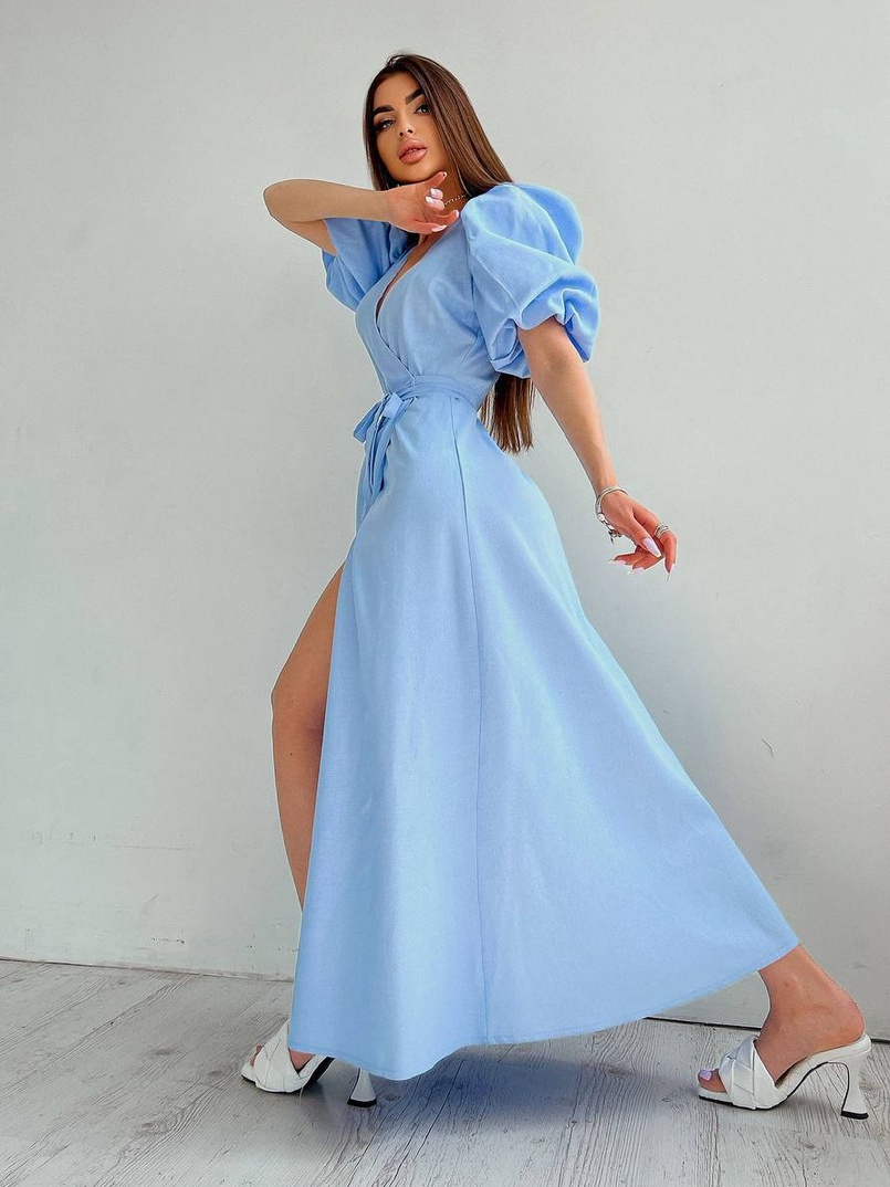 Льняное платье-миди с запахом и объемными рукавами  | PUSHKA SHOP