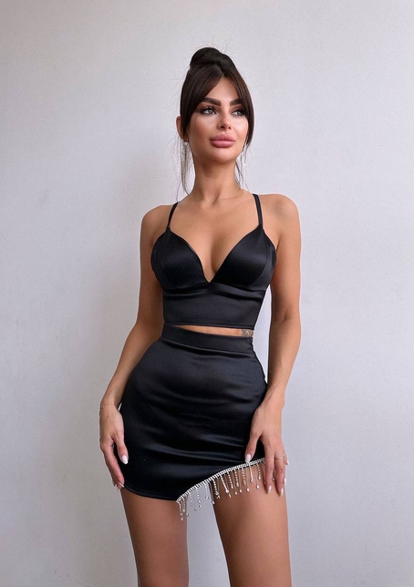 Комплект: топ з філіжанками + спідниця декорована бахромою зі страз  | PUSHKA SHOP