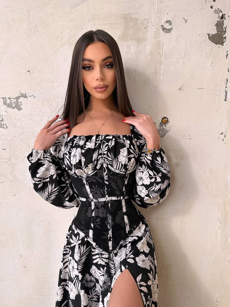 Сукня міді з розрізом в квітковий принт + прозорий корсет  | PUSHKA SHOP