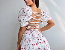 Сукня -міді зі шнурівкою на спинці та розрізом на ніжці з принтом | PUSHKA SHOP