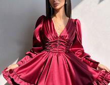 Атласна сукня з пишною подвійною спідницею та об‘ємними рукавами | PUSHKA SHOP