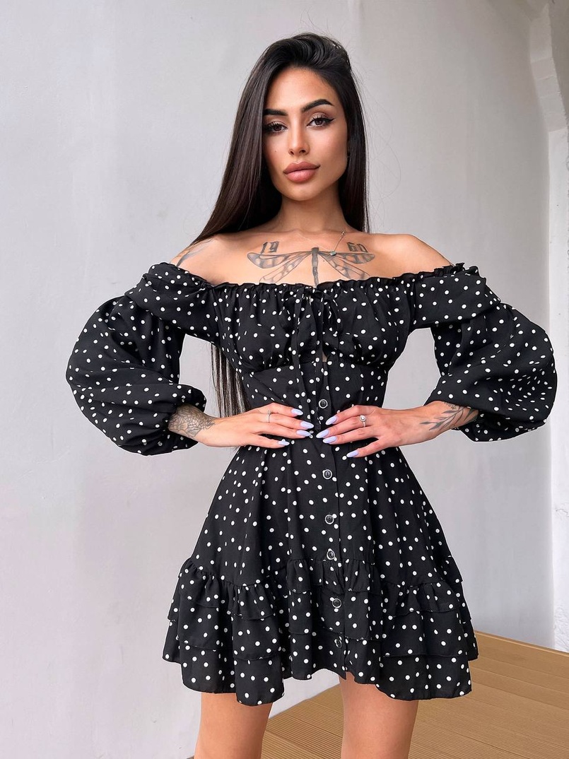 Сукня в горошок на ґудзиках з воланами  | PUSHKA SHOP