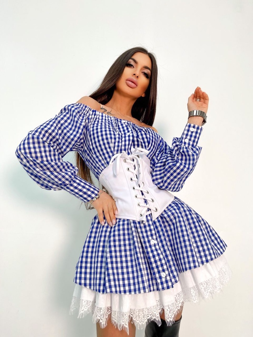 Хлопковое платье в клетку с подъюбником и корсетом из эко-кожи Хлопковое платье в клетку с подъюбником и корсетом из эко-кожи | PUSHKA SHOP