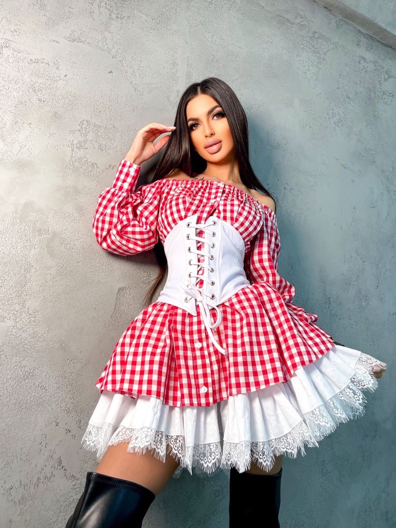 Хлопковое платье в клетку с подъюбником и корсетом из эко-кожи Хлопковое платье в клетку с подъюбником и корсетом из эко-кожи | PUSHKA SHOP