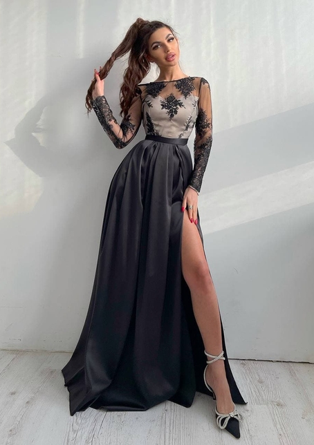 Платье макси с кружевным верхом и разрезом на юбке  | PUSHKA SHOP