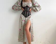 Сукня міді з розрізом в квітковий принт + прозорий корсет Сукня міді з розрізом в квітковий принт + прозорий корсет | PUSHKA SHOP