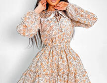 Шифоновое платье с воротничком и подъюбником, декорированным кружевом Шифоновое платье с воротничком и подъюбником, декорированным кружевом | PUSHKA SHOP