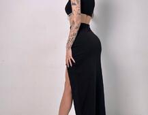 Комплект: топ з бахромою зі страз та спідниця з розрізом  | PUSHKA SHOP