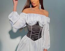 Шелковое платье с корсетом декорированным стразами   | PUSHKA SHOP