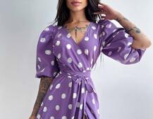 Платье миди в горох с запахом и объемными рукавами  | PUSHKA SHOP