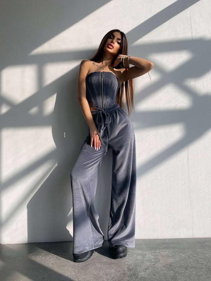 Велюровий комплект трійка: кофта + корсет на блискавці+ штани | PUSHKA SHOP