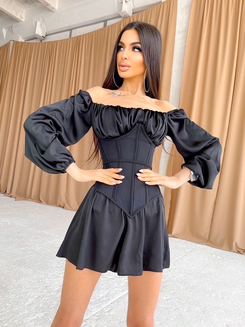 Комплект: шелковое приталенное  платье + прозрачный бельевой корсет на шнуровке  | PUSHKA SHOP