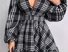 Сукня з подвійною спідницею та обʼємними рукавами у клітинку Сукня з подвійною спідницею та обʼємними рукавами у клітинку | PUSHKA SHOP