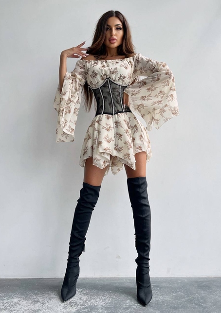 Шифонова сукня на підкладці з розкльошеними рукавами з асиметричною спідницею + корсет декорований стразами  | PUSHKA SHOP