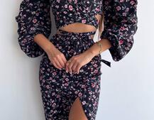 Квітковий комплект: топ із зав'язками на талії + спідниця міді з розрізом | PUSHKA SHOP