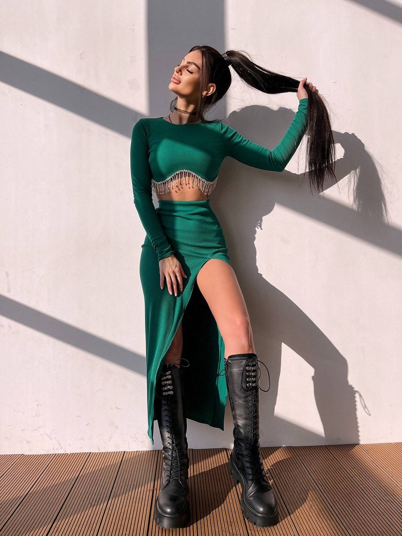 Комплект: спідниця з розрізом + топ, декорований бахромой зі страз | PUSHKA SHOP