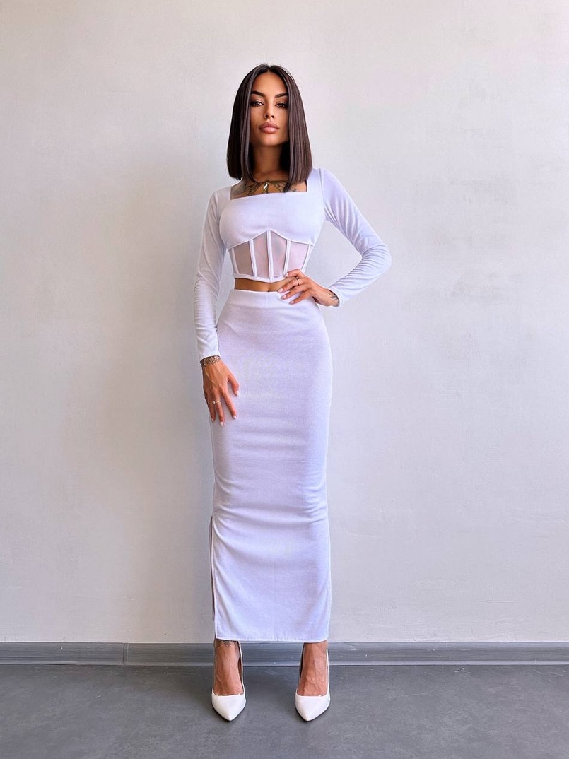 Трикотажний комплект: топ з елементами корсету та спідниця з розрізами  | PUSHKA SHOP