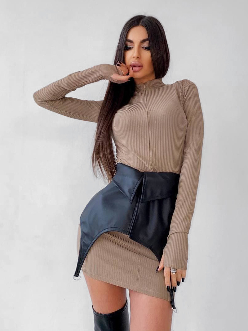 Трикотажное платье гольф с мини юбкой-корсетом из эко-кожи | PUSHKA SHOP