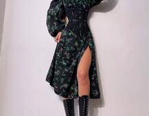 Сукня міді з розрізом в квітковий принт + прозорий корсет  | PUSHKA SHOP