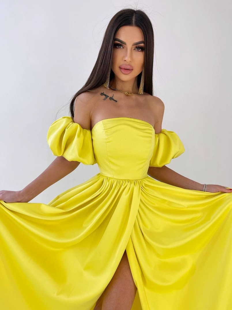 Атласное платье макси с объемными рукавами   | PUSHKA SHOP