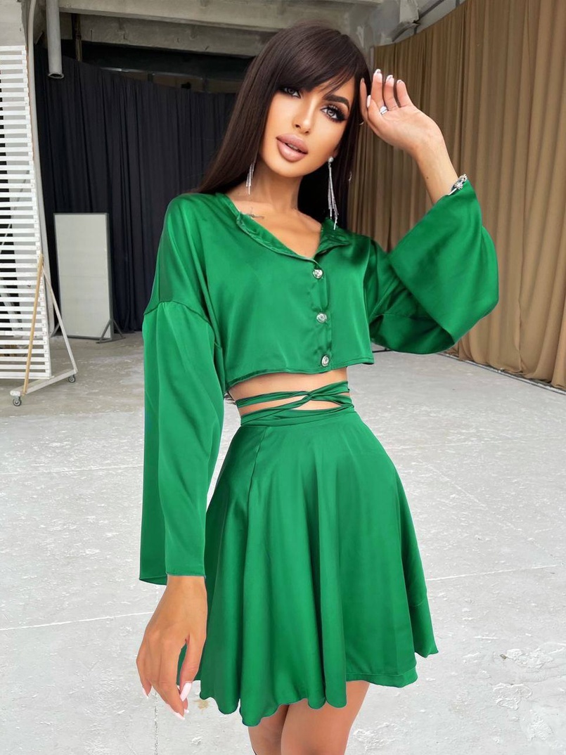 Шелковый комплект: укорочённая рубашка + юбка с запахом   Шелковый комплект: укорочённая рубашка + юбка с запахом   | PUSHKA SHOP