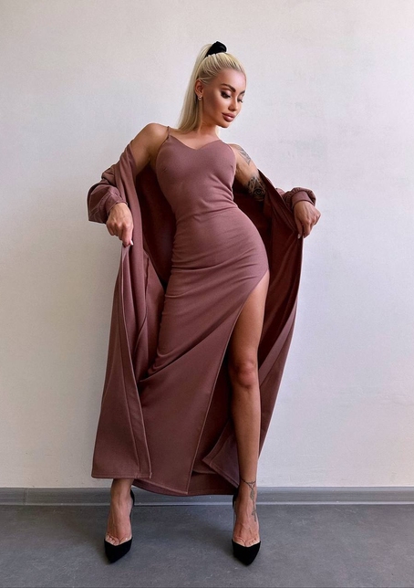 Комплект: сукня з філіжанками + кардиган максі з теплого рубчика  | PUSHKA SHOP